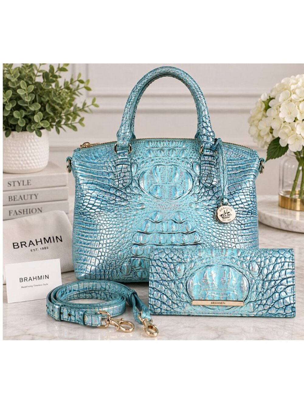 Brahmin Baby Blue Iridescent Croc Embossed Leather Satchel Wallet Set